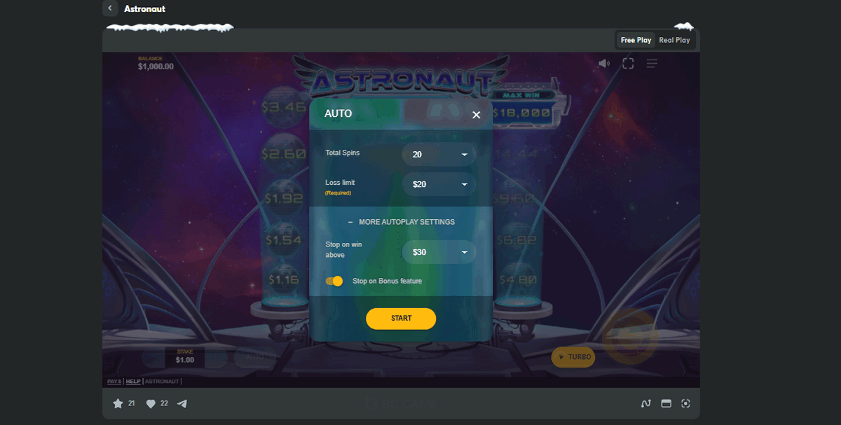 Astronaut Game Statistics and Betting Limits